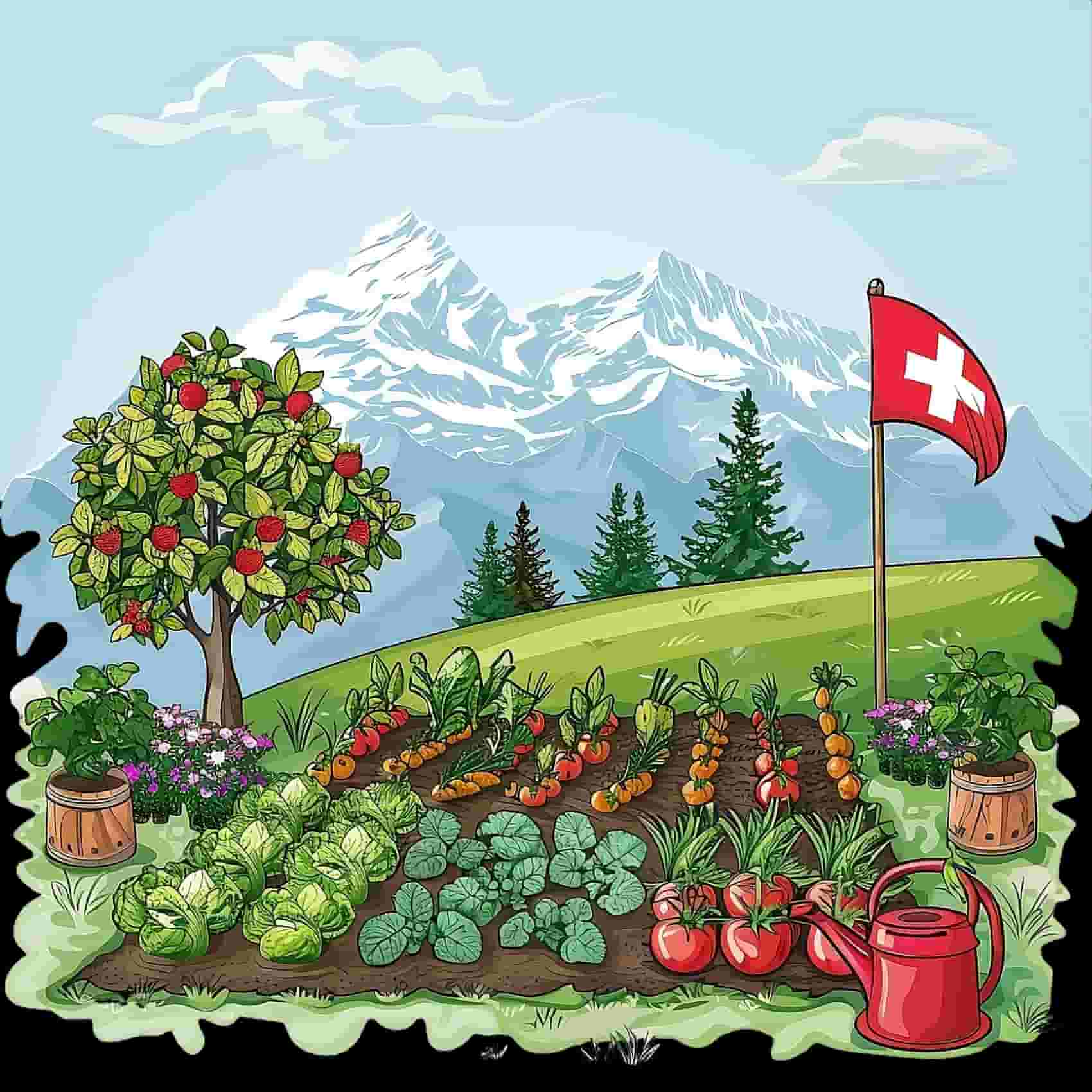 Draw of a swiss landscape with montains in the background of a fruit and vegetable garden and a swiss flag in the right