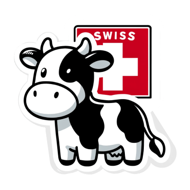 Sticker draw of a  cow black and white with swiss flag behind